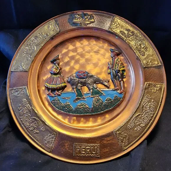 Vintage Peru Copper Metal Decorative Plate Handpainted