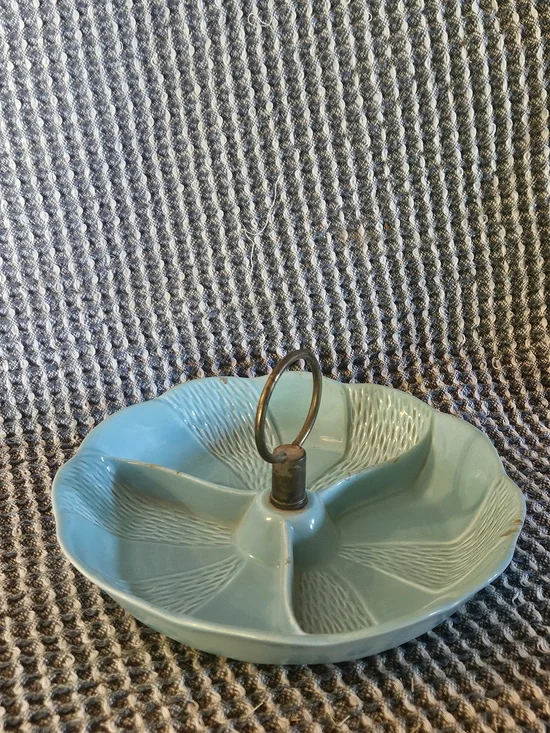 Turquoise Ceramic Sectioned Serving Dish with Center Handle