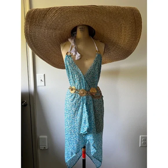 Pop St Barth Blue Floral Gold Foil Halter Cover Up Dress Euro Vacation Chic OS