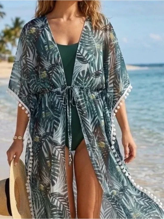 Cupshe Tropical Leaf Print Pom Pom Cover-Up Kimono