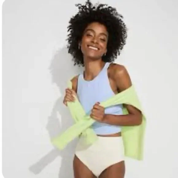Land's End Plus Standard Racer Back High Neck Tankini shelf bra soft cloud blue