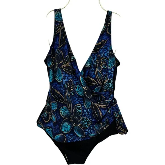 Longitude One-Piece Swimsuit Women's Size 12 Blue Floral Animal Print Wrap