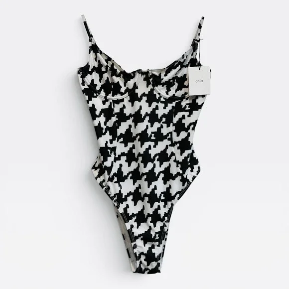 Onia Womens Black White Houndstooth Underwire One Piece Swimsuit Size Large NWT