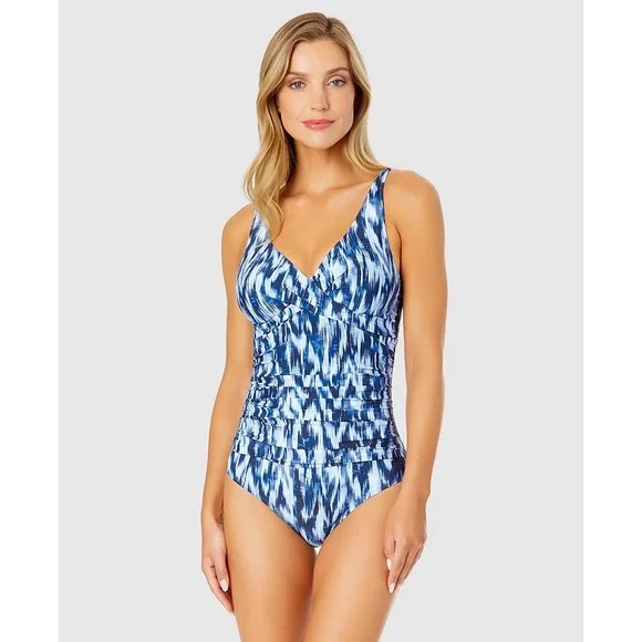 Anne Cole Women Blue White Abstract Twist Front One Piece Swimsuit NWT Sz 6 $108