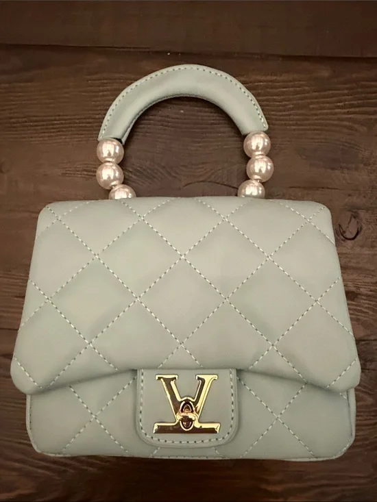 Quilted Kids Top-Handle Bag in Light Blue with Pearl Accent Handle