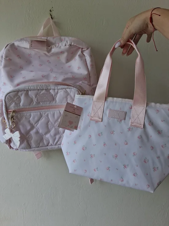 Kids Pink Floral Tote Bag and Quilted Backpack Set