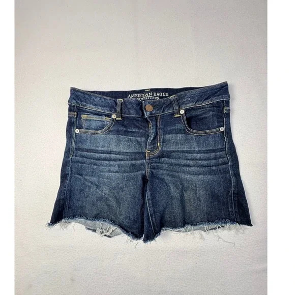 Boho American Eagle Womens 14 Cutoff Shorts Dark Wash Frayed Hem Stretch Denim