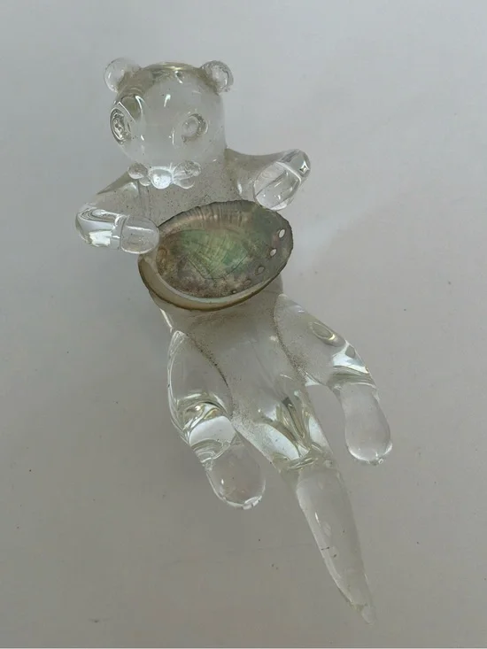Hand Blown Clear Glass Sea Otter Figurine Holding Abalone Shell Trinket Dish