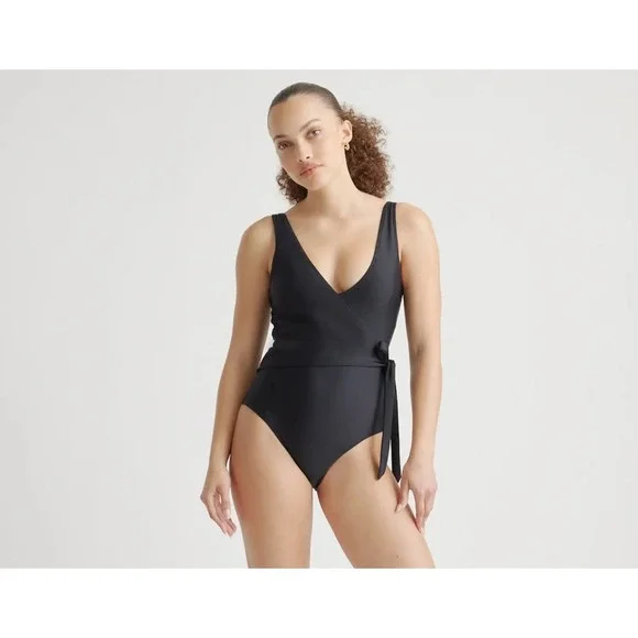 Quince Italian Wrap One Piece Swimsuit Black Recycled Polyamide Size M NWT