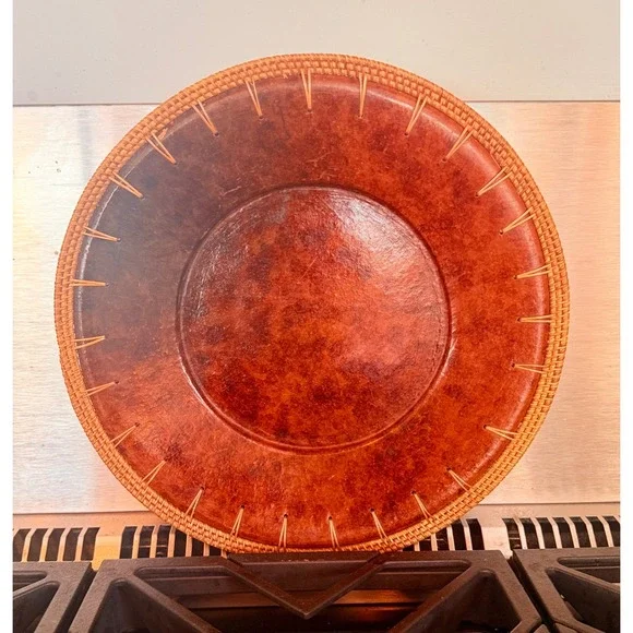 Vintage Faux Tortoise Decorative Charger Plate Woven Rattan Rim 14