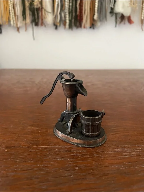 Miniature Vintage-Style Water Pump Figurine in Aged Copper
