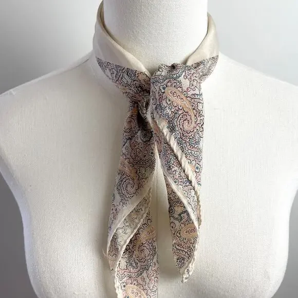 Vintage 70s Paisley Silk Scarf Square Ivory Border Print Old Money Quiet Luxury‎