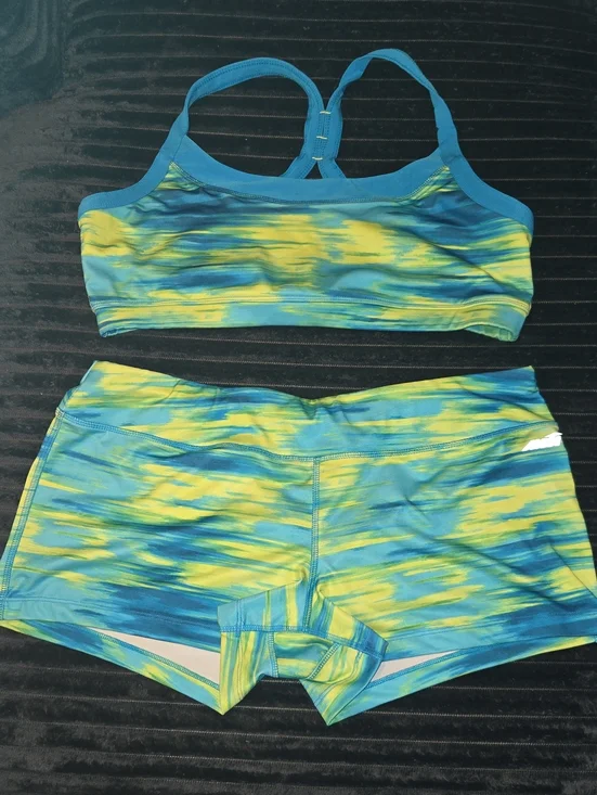 Avia Blue and Yellow Tie-Dye Racerback Swim Top & Shorts