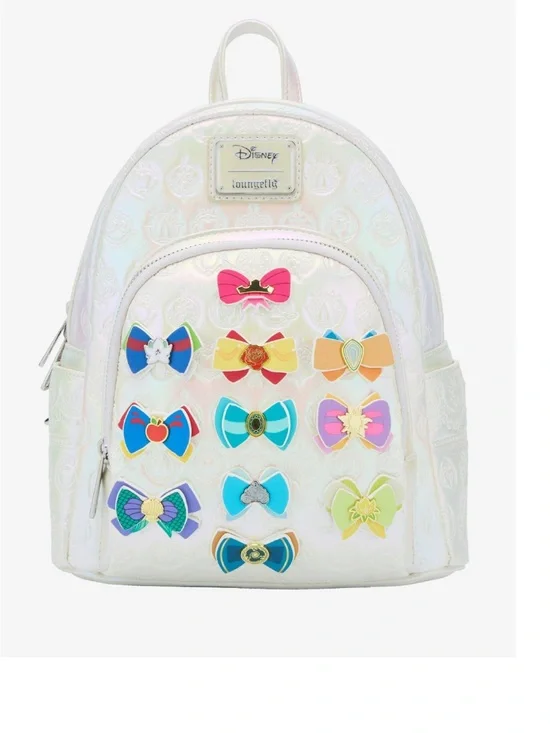 Loungefly Kids Iridescent White Mini Backpack with Colorful Bow Pins