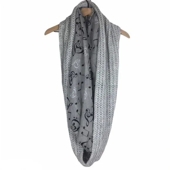 TORRID Scarf Music Notes Sheer & Knit Chunky Grey Infinity Warm Cozy Lot of 2