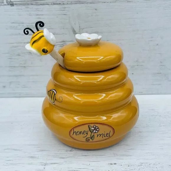 Vintage Ceramic Beehive Honey Pot Jar With Wooden Drizzler Dipper Server Set