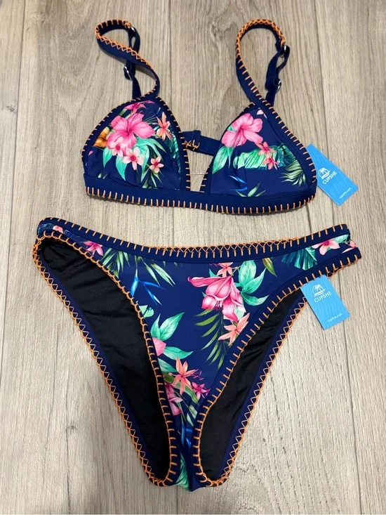 NWT Cupshe Tropical Navy Floral Bikini Set with Orange Stitching