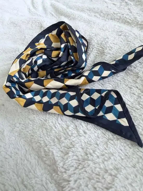 Geometric Pattern 100% Silk Twill Skinny Scarf, Navy Blue, Yellow, and White
