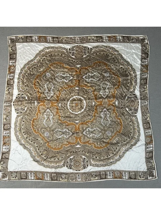 Vintage Square Mandala Pattern Silky Scarf in Cream and Brown