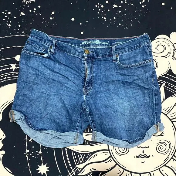 Eddie Bauer Boyfriend Shorts Women's 12 Blue Cotton Denim Cuffed Summer Stretch