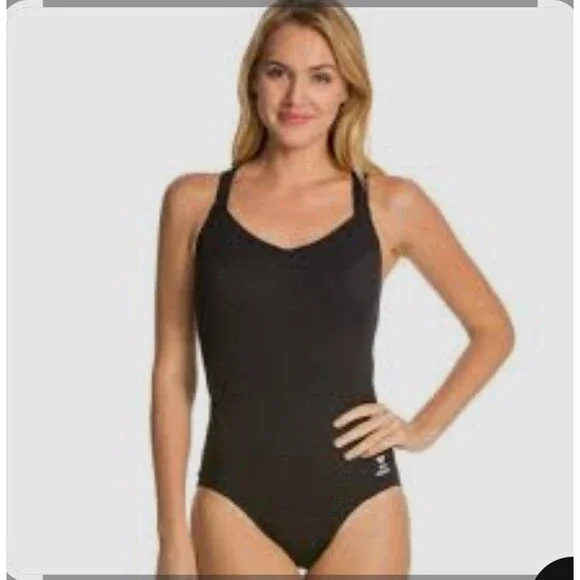 TYR Women's Durafast Solid Black Halter Control Fit One Piece Swimsuit Sz 20 New
