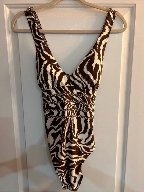 La Blanca Brown and Cream Zebra-Print One-Piece Bathing suit