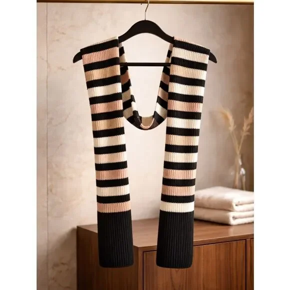 NWOT Kate Spade Knot Scarf Wide Stripe Peony Black Pink Tan -