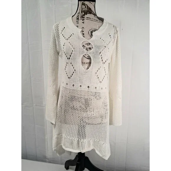 Womens White Crochet Knit Tunic Swimwear CoverUp Tunic Dress OneSize Boho Beach