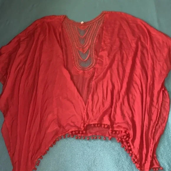 LANE BRYANT crochet & pom poms cover up kimono coral side slits NEW size OSFA