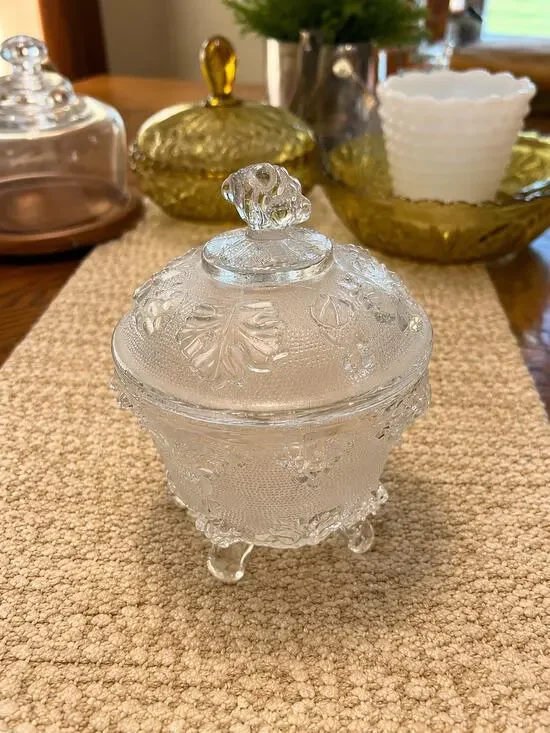 Vintage Jeannette Glass “Grape and Vine” Clear Footed Candy Dish with Lid