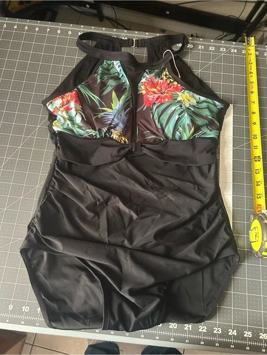 Tropical Floral Halter Black One-Piece Swimsuit