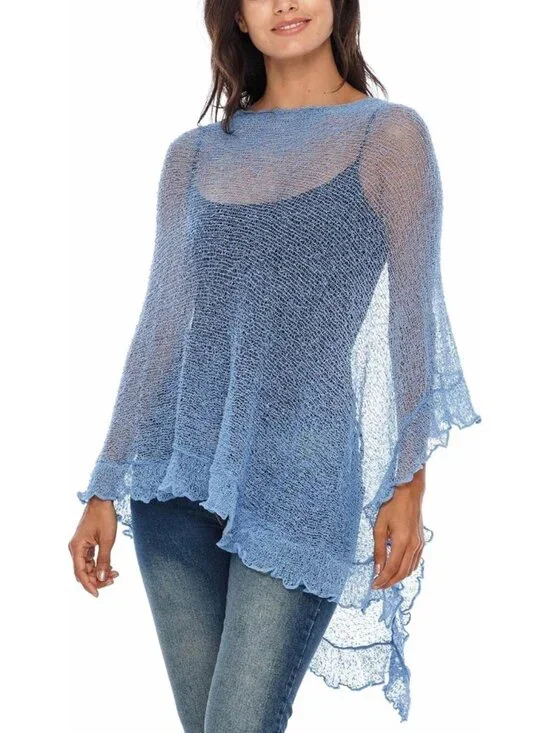 Women's Baby Blue Sheer Knit Poncho Shrug Lightweight Asymmetrical Cover Up Tops