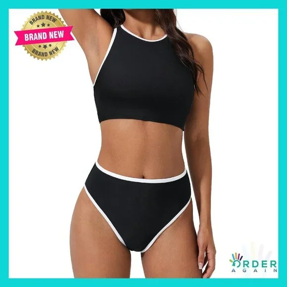 High Waisted Retro Sporty Bikini Set Adjustable Straps Removable Padding