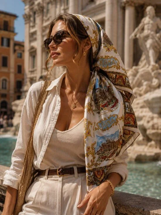 Vintage Roma Italy Scenic Square Scarf Made In Italy 100% Polyester Travel Print