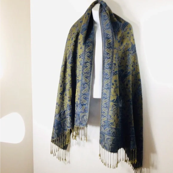pashmina Olive Green and Navy Blue Paisley Fringe Wrap