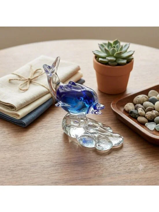 Retro Cobalt Blue Encased Glass Dolphin Figurine Abstract Wave Paperweight