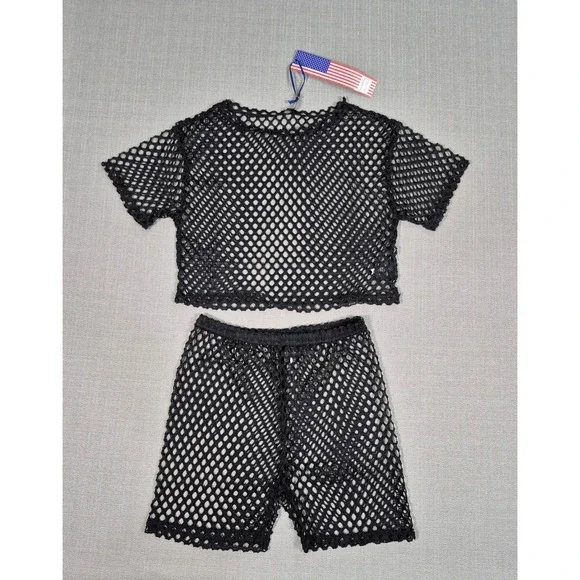 American Leisure Womens Black Fishnet Mesh Crop Top and Shorts Set Size S NEW