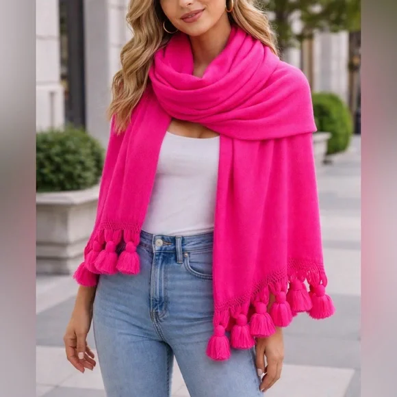 Vintage Saks Fifth Avenue Hot Pink Tassel Scarf / Throw | Blanket Wrap 26” x 78”