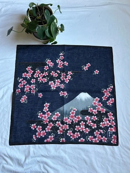 Floral Cherry Blossom Mountain Square Scarf - Navy & Pink