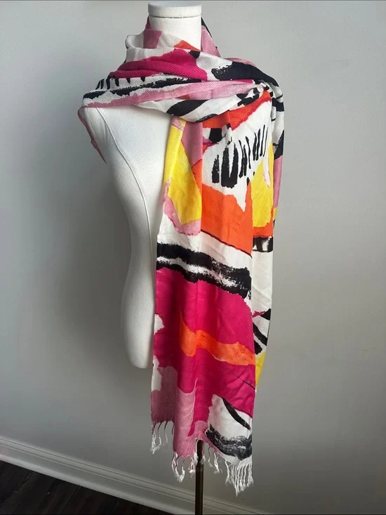 Bright Bold Abstract Print Womens Scarf Shawl 27x72 Quirky Wearable Art Fringe