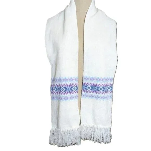 Fair Isle Scarf Vintage Knit Fringe Snowflake Print Boho Acrylic by‎ Leggs