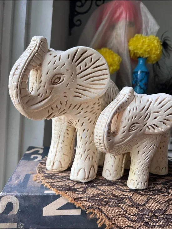 Rustic Boho Talavera Pottery Elephant & Babe Statuettes GUC