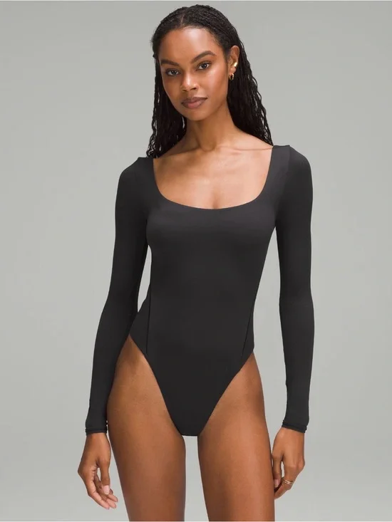 NWT Lululemon Black Wundermost Ultra-Soft Nulu Square-Neck Long-Sleeve Bodysuit