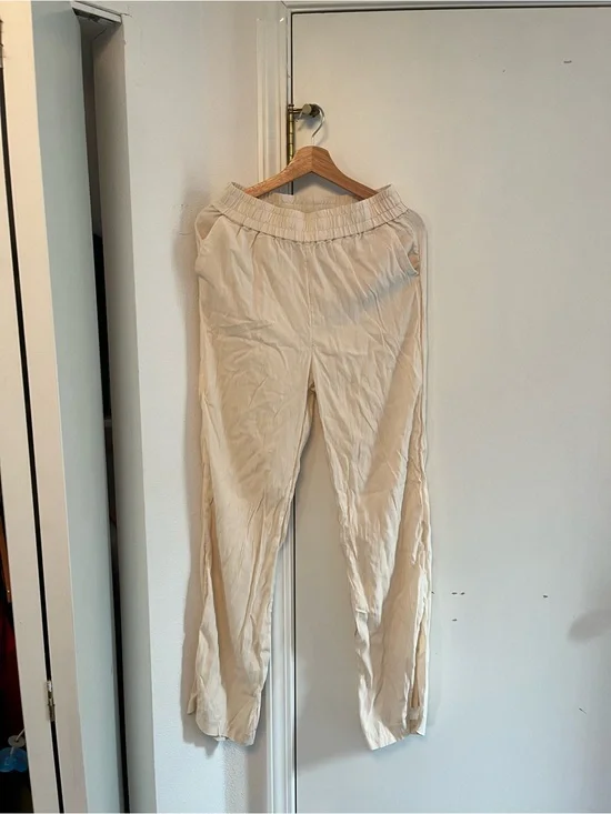 Cream Elastic Waist Casual linen Pants