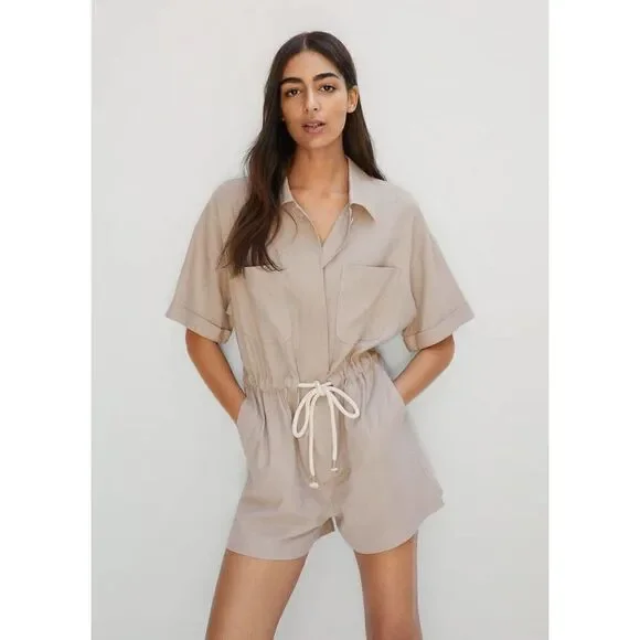 Mango Linen Blend Jumpsuit Pockets Drawstring New