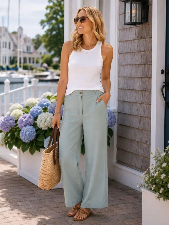 H&M Linen Blend Wide Leg Pants Women’s Medium Sage Green Casual Coastal