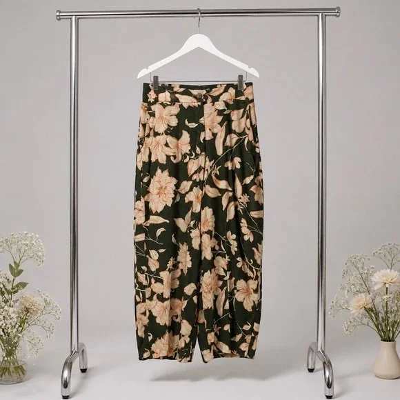 Mango MNG Floral Linen Blend Tapered Pants Green Peach XL High Waist Trousers
