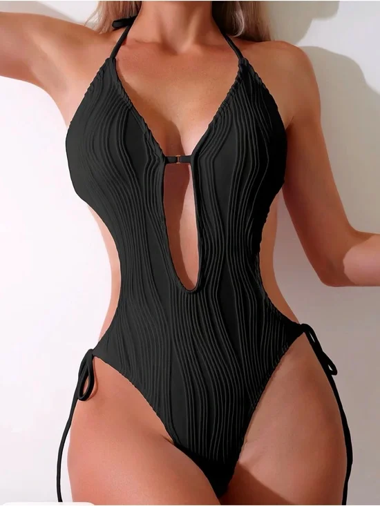 Sleek Black Textured One-Piece Swimsuit with Deep Keyhole