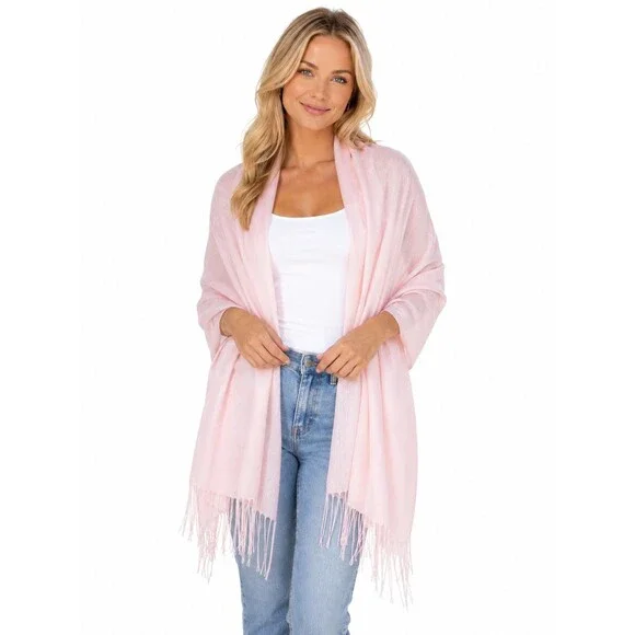 Cashmere Finished Scarf Wrap Pink Fringe Made in Italy Knit Classic Statement