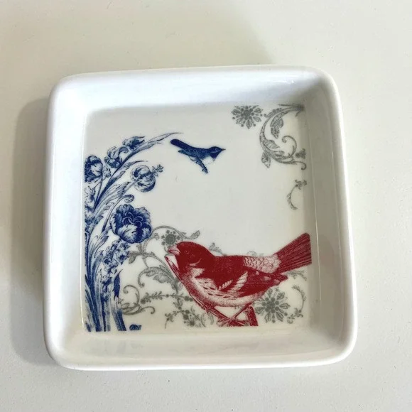 Charming Bird Floral Square Trinket Dish‎ Decor Ceramic Red Blue Gray White